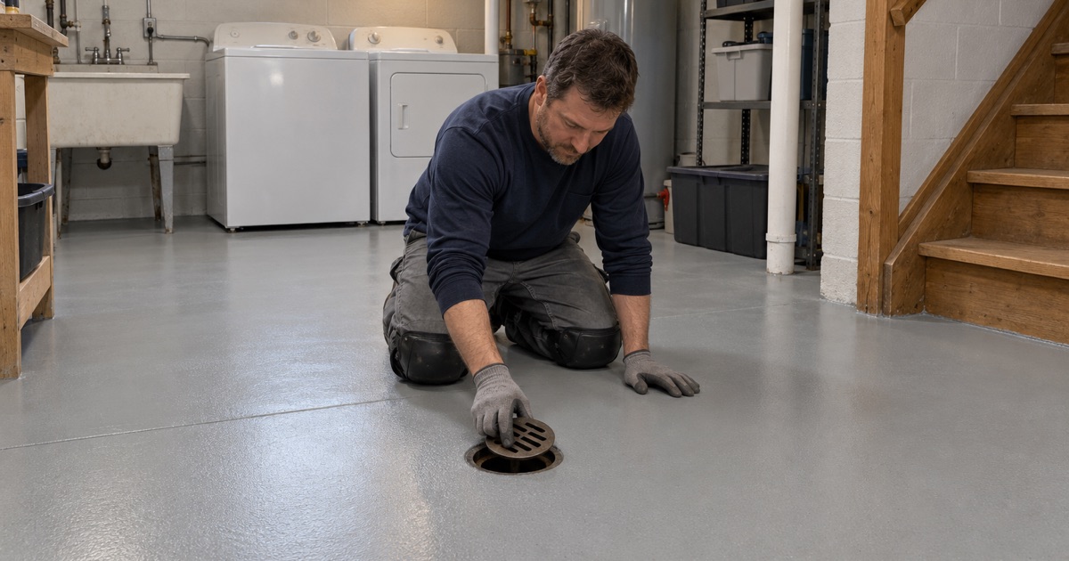 A floor drain grate being set back flush into a new light gray epoxy basement floor in an Iowa City house.