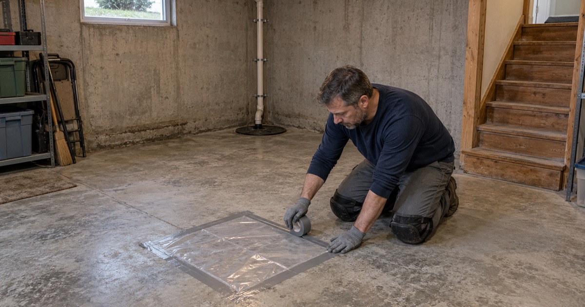 A square of plastic sheeting taped down on an Iowa City basement slab to check for moisture before any coating is chosen.