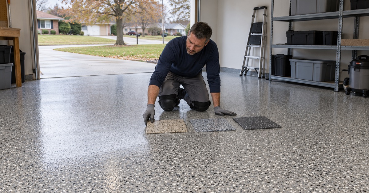 Three flake color samples laid side by side on the finished topcoat of an Iowa City ranch house garage floor.