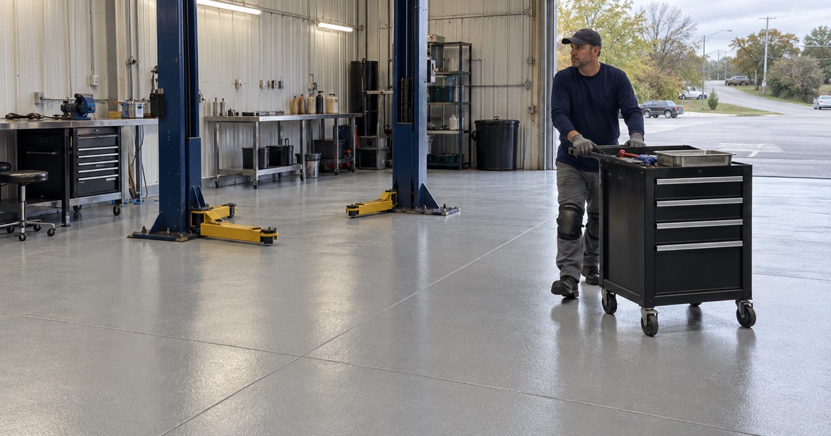 A rolling tool cart pushed across a new gray epoxy floor in the service bay of an Iowa City auto repair shop.