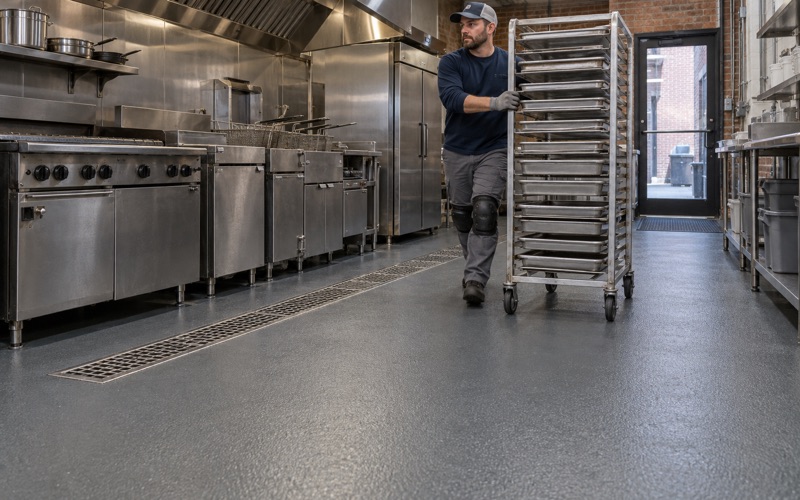 A speed rack rolled across a urethane cement floor with a coved base and trench drain in a busy Iowa City restaurant kitchen.