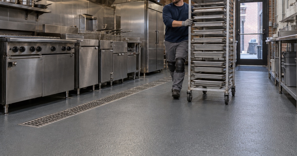 A speed rack rolled across a urethane cement floor with a coved base and trench drain in a busy Iowa City restaurant kitchen.