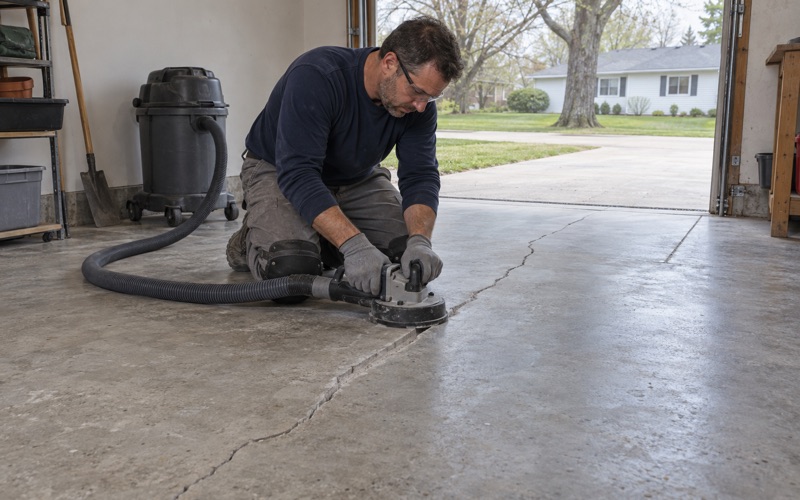A long crack being chased open with a hand-held crack chaser in an Iowa City garage slab before it is filled and coated.