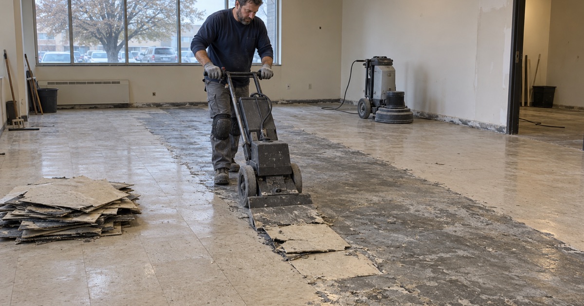 A walk-behind floor scraper peeling old vinyl tile off a slab in an Iowa City office building before the concrete is ground and coated.