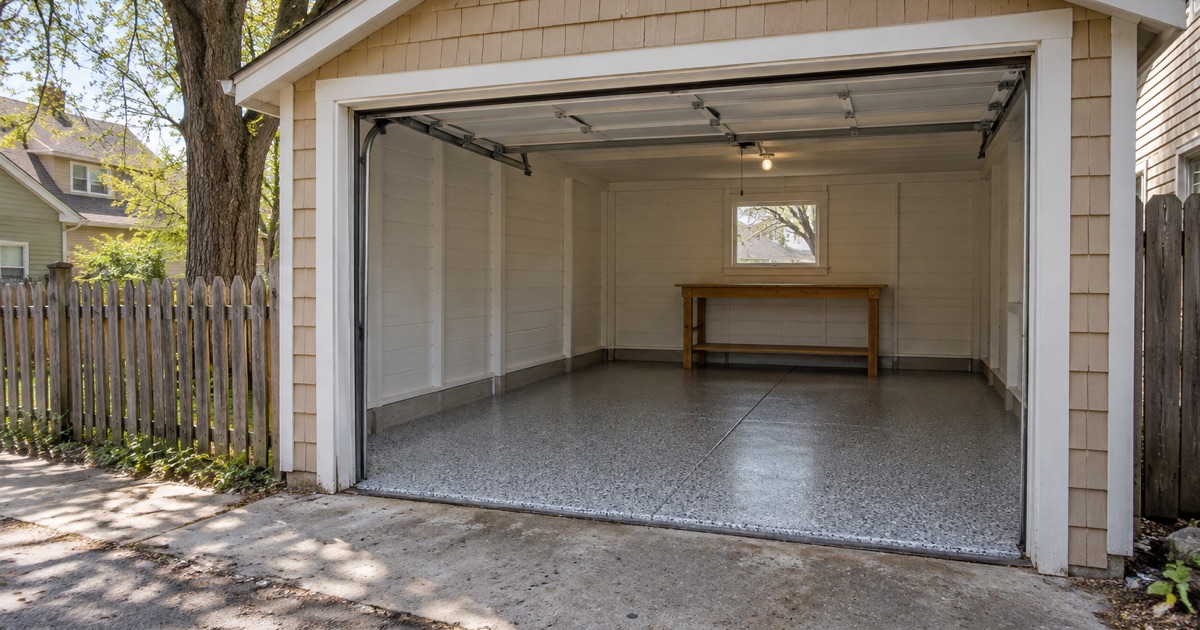 A finished gray and white flake floor in the detached alley garage of a prewar Iowa City bungalow on a bright morning.