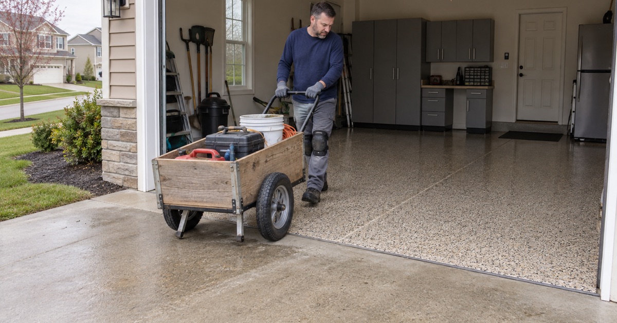 A garden cart wheeled onto a finished tan and charcoal flake floor in the attached garage of a newer two-story house on Iowa City’s east side.