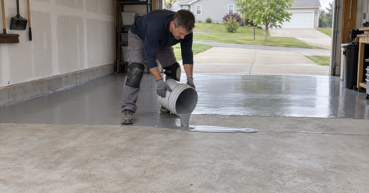 Mixed epoxy poured in a ribbon onto the ground slab of an Iowa City garage, the first coat starting at the back wall.