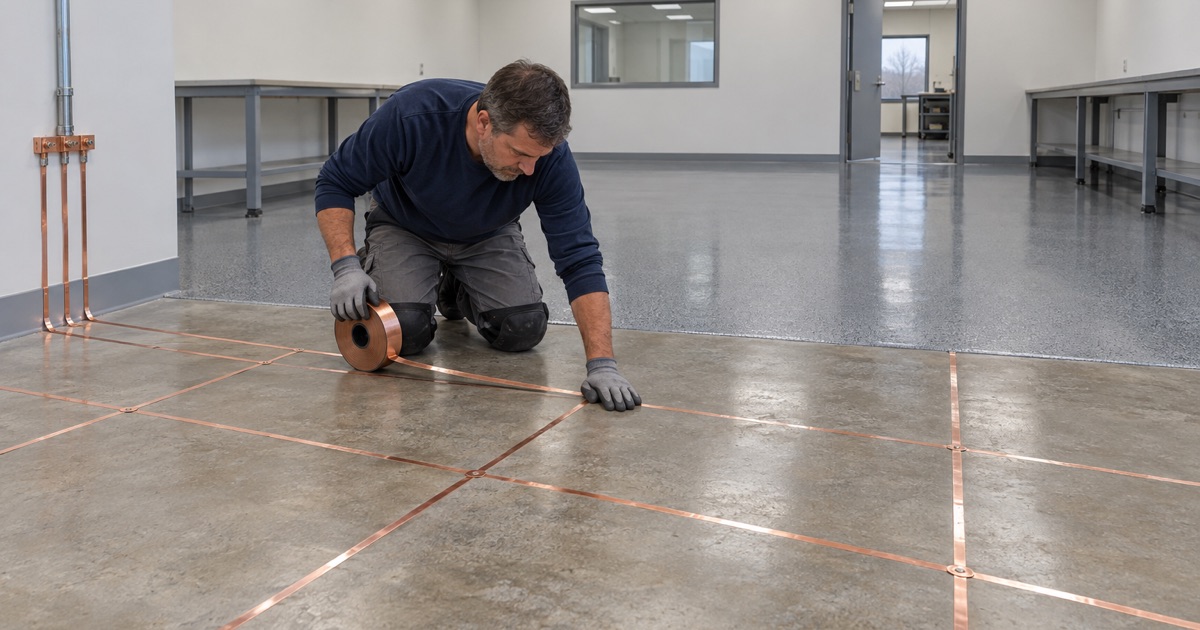 A copper grounding strip being laid on the primed slab of an electronics room near Iowa City before the static-dissipative coat goes down.