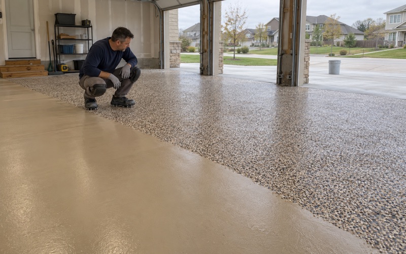 Dense tan, brown and black flake settled on the base coat in an Iowa City garage, the worker checking coverage at the working edge.