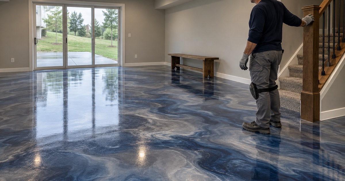 A silver and deep blue metallic epoxy floor in the walkout lower level of an Iowa City house, its swirls catching daylight from the patio door.
