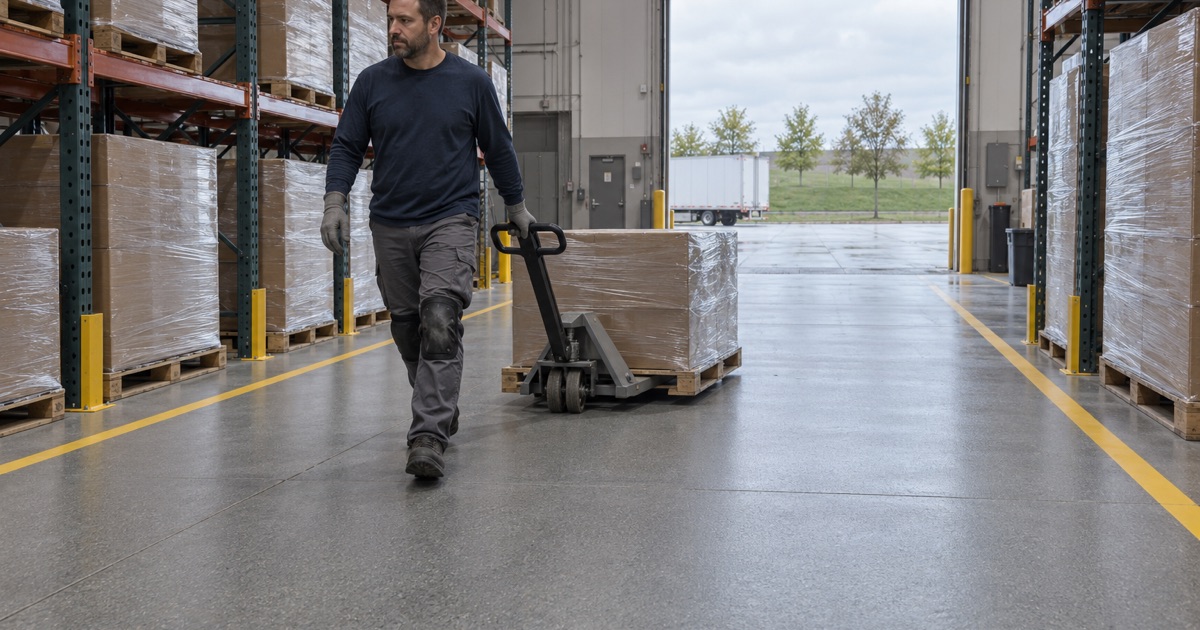 A pallet jack pulled across a new gray quartz-textured epoxy floor in a distribution warehouse at an Iowa City industrial park.
