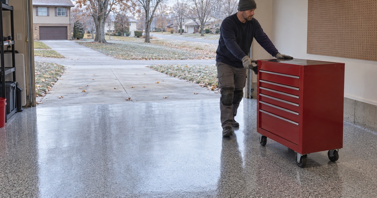 A rolling tool chest wheeled back onto a same-day polyaspartic flake floor in an Iowa City garage on a cold autumn afternoon.