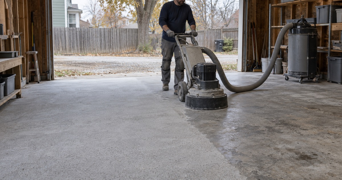 A planetary grinder opening up an old garage slab behind a prewar Iowa City house, half the floor ground and half still sealed.